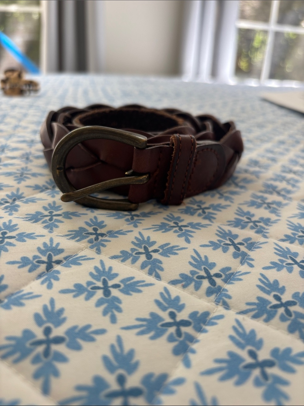 Abercrombie and Fitch Braided Brown Leather Belt with Antiqued Brass Buckle